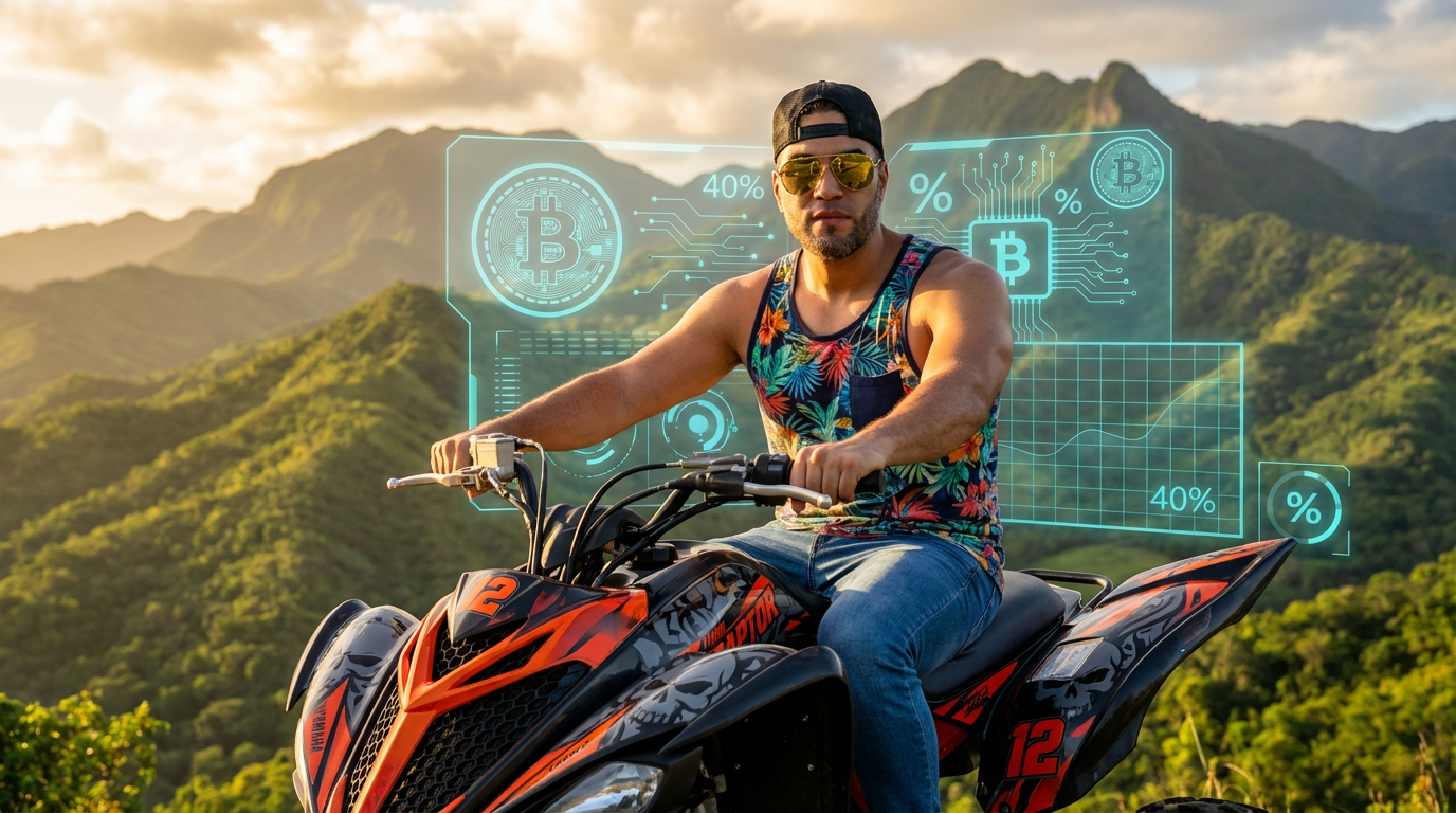 Danny Rivas in his signature backwards cap and aviator sunglasses riding his custom black/orange Raptor ATV through Dominican mountains with holographic Bitcoin tech elements